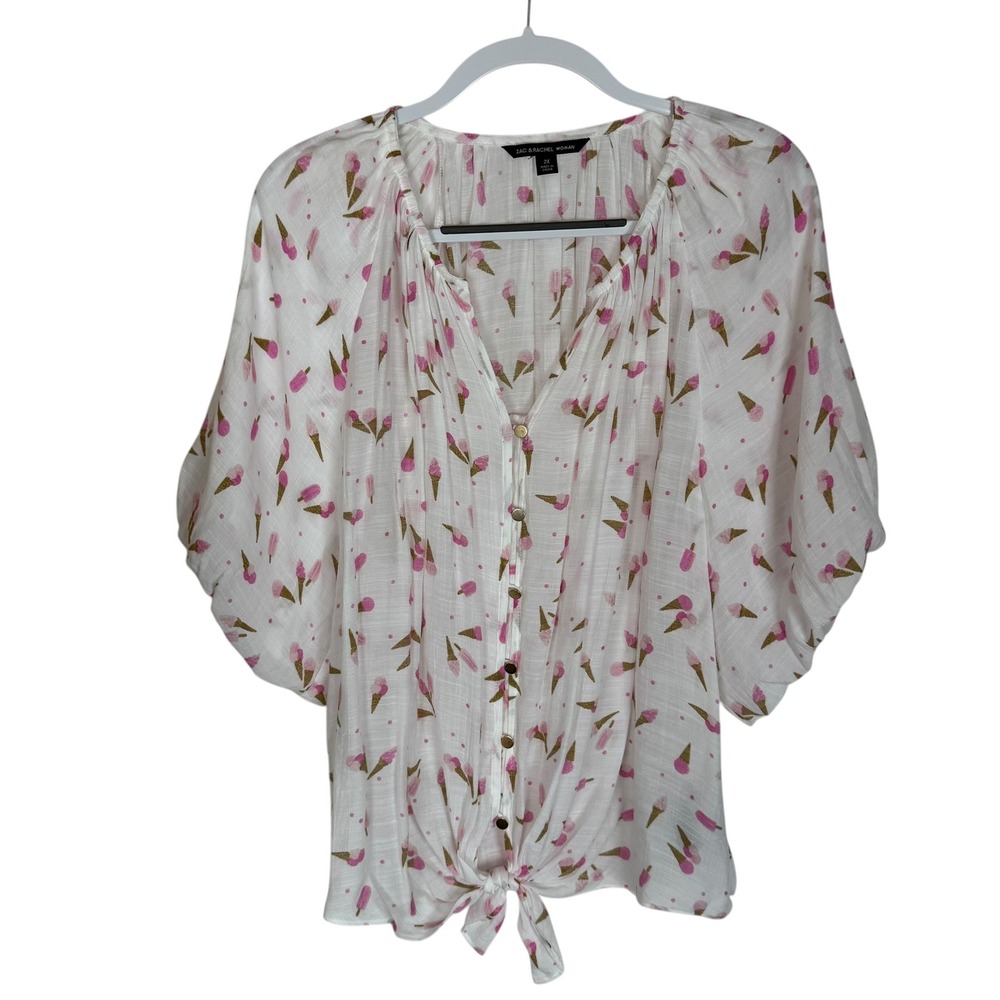 Zac & Rachel Woman 2X White Pink Ice Cream‎ Print Tie Front Button Blouse Top